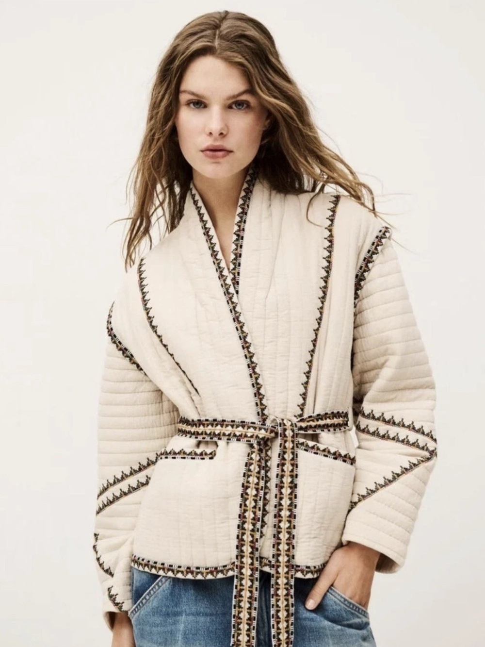 Magaschoni Cream Quilted Wrap Jacket with Patterned Trim - Picture 1 of 5